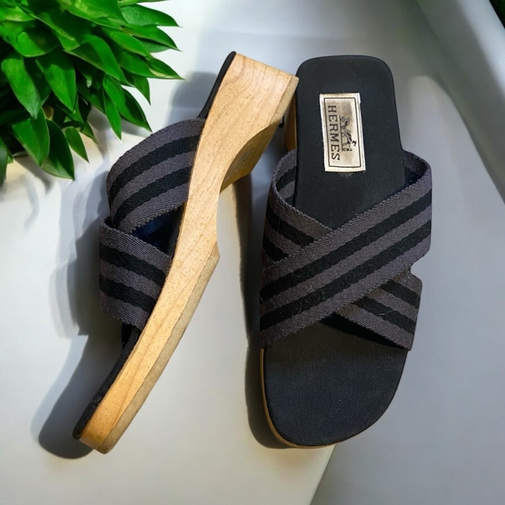 Hermes Black & Gray Cross-Strap Wood Wedge Mules